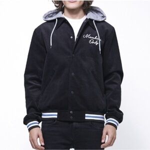 Members Only Black Corduroy Hoodie Varsity Snap Button Jacket Size Medium